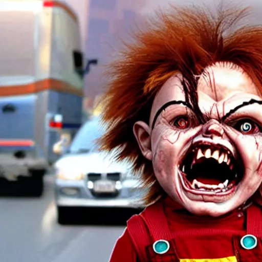 Prompt: chucky doll stuck in gridlock traffic and screaming