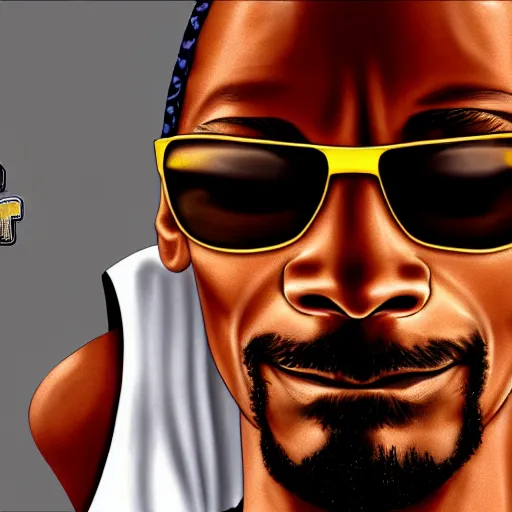 Image similar to snoop Dogg as a gta san andreas character, HDR, natural light, shoulder level shot, dynamic pose, award winning photograph,