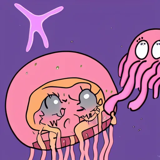 Prompt: pink jellyfish hits Bob's sponge with a net