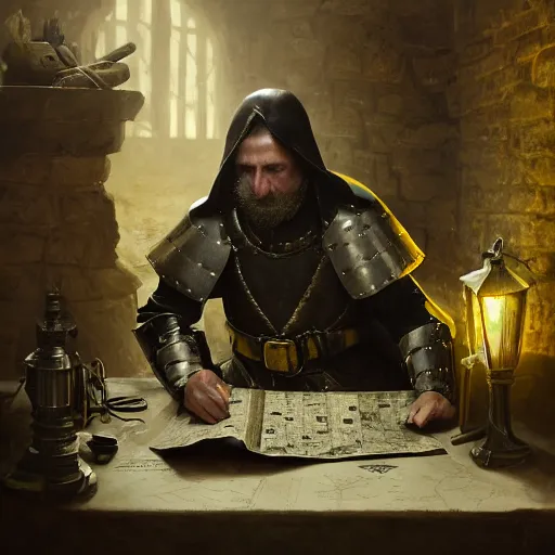 Prompt: Closeup of frustrated and acerbic male medieval sergeant wearing a {black and yellow tabard} over a steel breastplate and a black gambeson looking at a map on a table, intricate, dramatic lighting illustration by Greg Rutkowski, {perfect face}, {perfect eyes}, fantasy