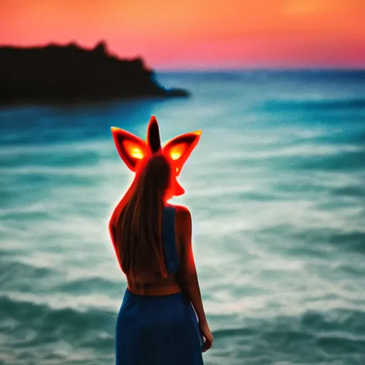 Image similar to a beautiful woman with with fox ears standing in the ocean, digital art, acrylic, long shot, detailed, glows, moonlight, bokeh, depth of field, colorful,