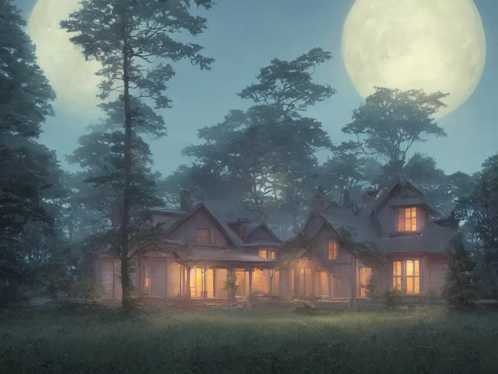 Image similar to A highly detailed matte painting of single house at night, moon, forest, by Studio Ghibli, Makoto Shinkai, by Artgerm, by WLOP, by Greg Rutkowski, volumetric lighting, octane render, 4K resolution, trending on artstation, masterpiece