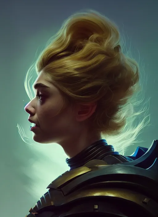 Image similar to side portrait, imogen poots, paladin, fantasy, gloomhaven, luminescent, organic painting, matte painting, bold shapes, hard edges, octane render, unreal engine, by greg manchess, huang guangjian, gil elvgren, sachin teng, greg rutkowski, jesper ejsing, ilya kuvshinov