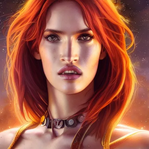 Image similar to ultra realistic illustration, bella thorne as megan fox as starfire anime, intricate, elegant, highly detailed, digital painting, artstation, concept art, smooth, sharp focus, illustration, art by artgerm and greg rutkowski and alphonse mucha