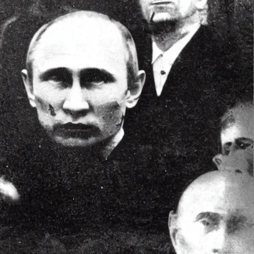 Prompt: Old picture of bloody butcher Vladimir Putin in Insane Asylum Of The 19th Century SCARY LOOKING at camera