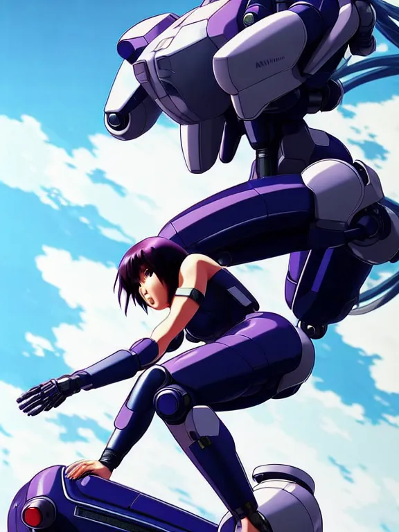 Image similar to a fullbody action still of motoko kusanagi riding on top of a tachikoma, the major ghost in the shell : : stand alone complex, under repairs, maintenance : : by ilya kuvshinov, rossdraws, artgerm, sola digital arts, anti aliasing, raytracing : :