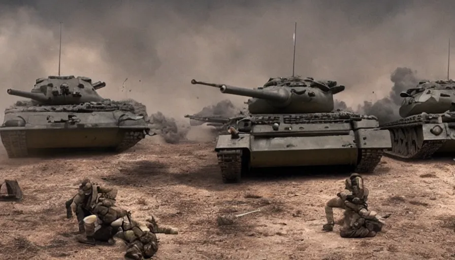 Image similar to Big budget war movie about an epic battle between experimental tanks with too many weapons.