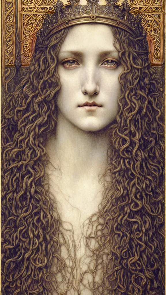 Image similar to detailed realistic beautiful young medieval queen face portrait by jean delville, gustave dore and marco mazzoni, art nouveau, symbolist, visionary, gothic, pre - raphaelite. horizontal symmetry