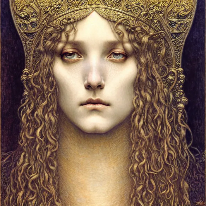 Image similar to detailed realistic beautiful young medieval queen face portrait by jean delville, gustave dore and marco mazzoni, art nouveau, symbolist, visionary, gothic, pre - raphaelite. horizontal symmetry