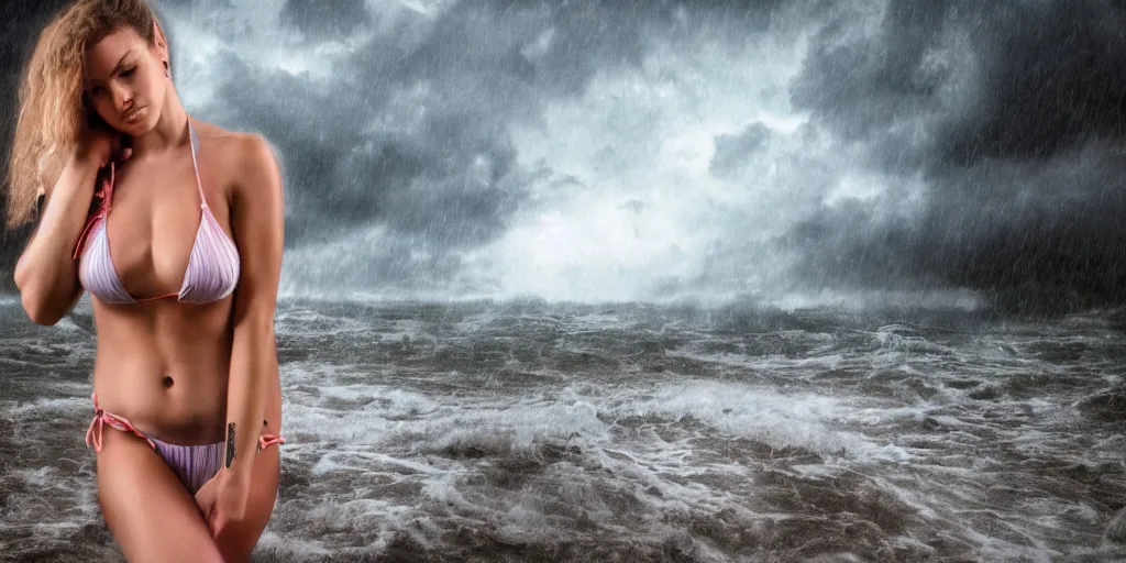 Image similar to hyperdetailed sensual woman in a bikini sunbathing during a hurricane, hdr, 4 k, miami vice aesthetic