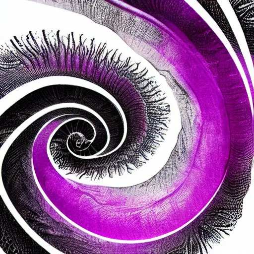 Prompt: woman silhouette, black ink, in the foreground of an abstract acrylic of a spiral vortex, chaotic fractal patterns, cells, purple magenta blue iridescent colors, dynamic curves, pouring techniques, artstation, pinterest