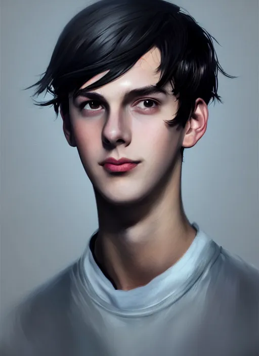 Image similar to portrait of teenage jughead jones wearing a light grey crown, photorealistic, crown, eyes closed, crown, black hair, intricate, elegant, glowing lights, highly detailed, digital painting, artstation, concept art, smooth, sharp focus, illustration, art by wlop, mars ravelo and greg rutkowski