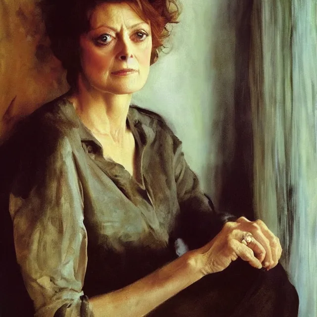 Prompt: a striking portrait of susan sarandon by john singer sargent, norman rockwell, and andrew wyeth, strong brushwork, natural light, color palette of pastels and earth tones