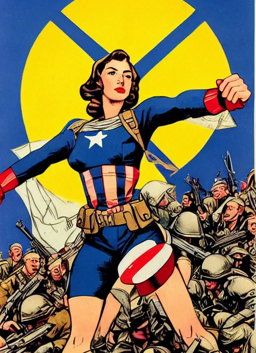 Prompt: beautiful south american female captain america standing on a pile of defeated, beaten and broken german soldiers. feminist captain america wins wwii. american wwii propaganda poster by james gurney. gorgeous face. overwatch