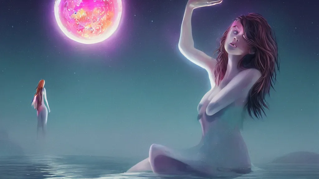 Image similar to a beautiful whimsical woman standing in a lake basking in the moonlight, underneath a multi-colored binary blackhole with an accretion disc, by Lois van Baarle, by Greg Rutkowski, by artgerm, by beeple, cinematic angle, volumetric lighting, 4k resolution, octane render, trending on artstation, masterpiece