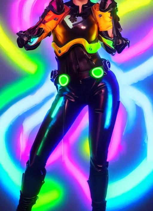 Image similar to full body overwatch style oil painting portrait of tracer overwatch, confident pose, wearing black jagged iridescent rainbow latex armor, rainbow, neon, 4 k, expressive surprised expression, makeup, wearing rainbow neon choker, studio lighting, black leather harness, expressive detailed face and eyes,