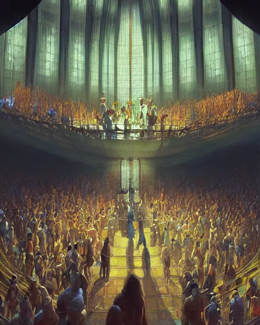 Image similar to craig mullins and moebius digital matte art of a crowd in a futuristic church, priest, pews, ethereal, inviting, bright, unreal engine, hyper realism, realistic shading, cinematic composition, realistic render, octane render, detailed textures, photorealistic, wide shot