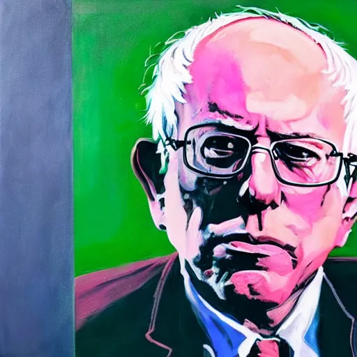 Prompt: bernie sanders like a dream, oil painting, cyberpunk, basquiat + francis bacon, elevated street art, fantasy lut, pink, blue, purple, green,