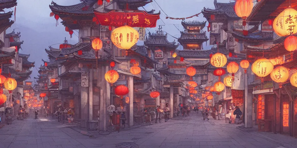 Image similar to a quiet chinatown street, evening, highly detailed, low angle view, studio ghibli, artstation