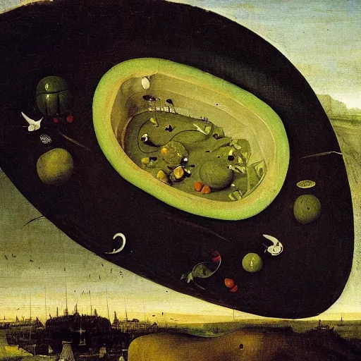 Image similar to A painting of a levitating giant watermelon, sliced in half, with a medieval town on it, above a sea of clouds by Hieronymus Bosch