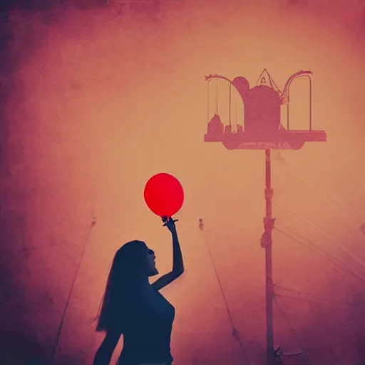 Image similar to a girl holding a balloon at a fairground. buildings with graffiti. silhouette. photograph in the style of simon stalenhag