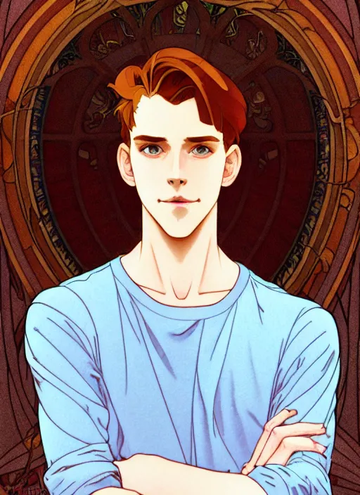 Prompt: well - lit art nouveau portrait of a young man with straight auburn hair, pale skin, freckles, light blue eyes, sad expression, casual clothes, natural lighting, path traced, highly detailed, high quality, cartoon, digital painting, by don bluth and ross tran and studio ghibli and alphonse mucha