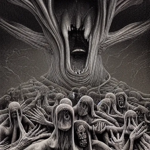 Image similar to a hyperrealistic brightly colored painting of a psychedelic alien nightmare, by john kenn mortensen and zdzislaw beksinski and alex grey, highly detailed, vivid color,