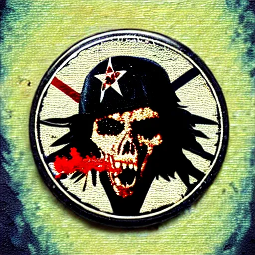 Prompt: painting on a badge!!!!, punks not dead!!!!, exploited!!, clash, junk yard, rats!!, god save the queen!!!, punk rock album cover art style, grunge, no future!!!!, glitch effect