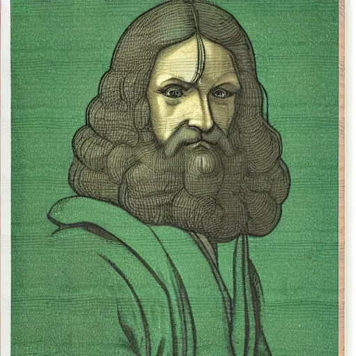 Image similar to portrait of leonardo da vinci in simple green background in the style of japanese cartoon and japanese wood print