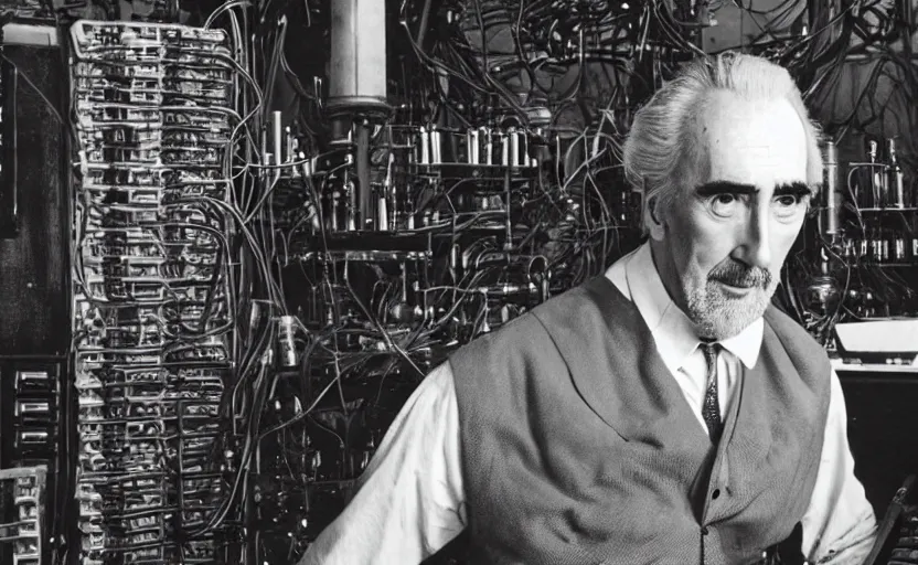 Image similar to movie still close-up portrait of Christopher Lee as 19th century inventor working on a 1880s supercomputer in a victorian house, by David Bailey, Cinestill 800t 50mm eastmancolor, heavy grainy picture, very detailed, high quality, 4k, HD criterion, precise texture and facial expression