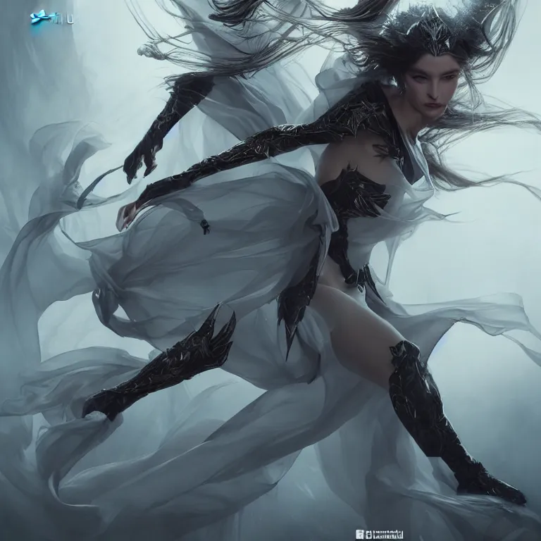 Image similar to beautiful cinematic fantasy poster, a beautiful fashion model wearing haute couture in dynamic pose, extreme long shot, hybrid from The Elden Ring and art direction by Darius Zawadzki ;by artgerm; wayne reynolds art station; cinematic quality character render; low angle; ultra high quality model; production quality cinema model;