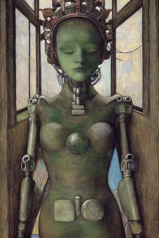 Prompt: the robot wearing her bone crown stands by the window , by Annie Swynnerton and Diego Rivera and Elihu Vedder, symbolist, dramatic lighting, elaborate geometric ornament, Art Brut, soft blues and greens,smooth, sharp focus, extremely detailed, Adolf Wölfli and Evelyn De Morgan