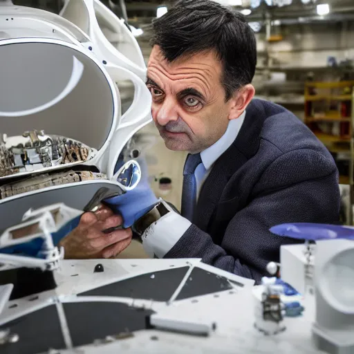 Prompt: Mr Bean carefully working on delicate spacecraft components, 8k photography