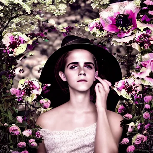 Prompt: big eyes full body fashion model emma watson smokey eyes makeup eye shadow textured film grain fantasy, glow, shimmer as victorian woman in a long white frilly lace dress and a large white hat having tea in a sunroom filled with flowers, roses and lush fern flowers ,intricate, night, highly detailed, dramatic lighting , high quality