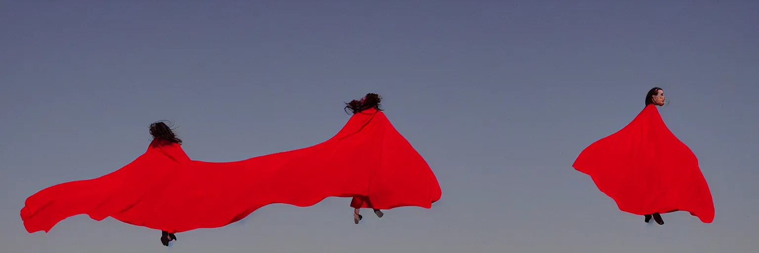 Image similar to a woman in an endlessly long red cape that ribbons across the sky behind her as she flies above a barren blue desert