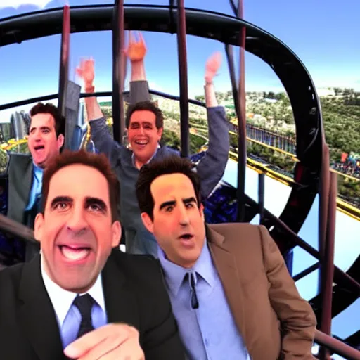 Image similar to ultra realistic detailed 4 k photo of michael scott, jerry seinfeld, ted mosby, phil dunphy, chandler bing, from a roller coaster action camera at an amusement park