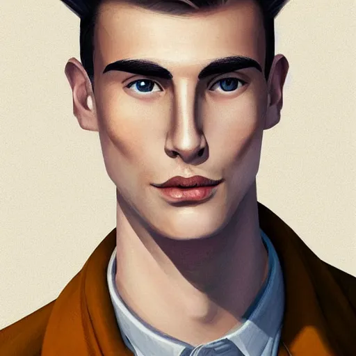 Image similar to tall man in his twenties slightly smiling with brown blond short quiff hair and thin slightly round facial structure with cleft chin, straight eyebrows and prominent bumpy nose, good definition of cheekbones, big hazel nut brown eyes, narrow face, slim body, atmospheric lighting, painted, intricate, 4 k, highly detailed by charlie bowater