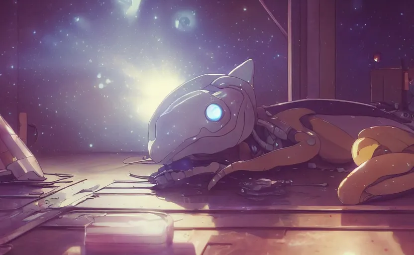 Image similar to an anime alien space cat sleeping on a mechanics workbench in a spaceport in a musical fantasy space opera ghibli animated film, volumetric lighting, octane render by stanley artgerm lau, greg rutkowski, studio ghibli, alphonse mucha, loish, norman rockwel, highly detailed, warm lighting, lens flare