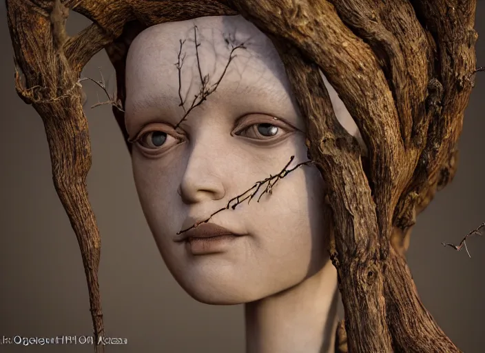 Prompt: a cinematic portrait of a beautiful female jointed handmade wooden doll, made of wood, in oak woodland, forest, oak trees, twigs and branches instead of hair, oak leaves, acorns, by james c. christensen, by tomasz alen kopera, by raphael, 8 k, rendered in octane, cinematic, 3 d, volumetric lighting, highly detailed