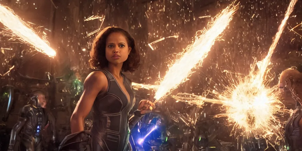 Prompt: wide angle movie stills of gugu mbatha - raw as sue storm in fantastic four movie using her iridescent particles force field powers while battling doctor doom, and an army of shapeshifter lizard like humanoids called the skrulls