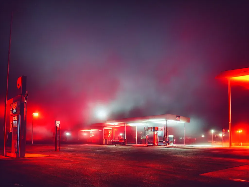 Image similar to “photography of gas station , fog, blue and red lights, night, mood, atmospheric, full of colour, digital photography”