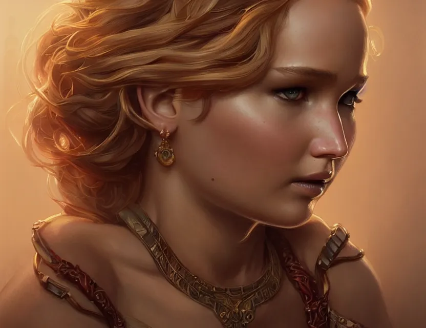 Image similar to Jennifer Lawrence, closeup, D&D, fantasy, intricate, elegant, highly detailed, digital painting, artstation, concept art, matte, sharp focus, illustration, hearthstone, art by Artgerm and Greg Rutkowski and Alphonse Mucha