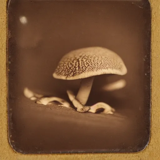 Prompt: tintype photo of frog mushroom