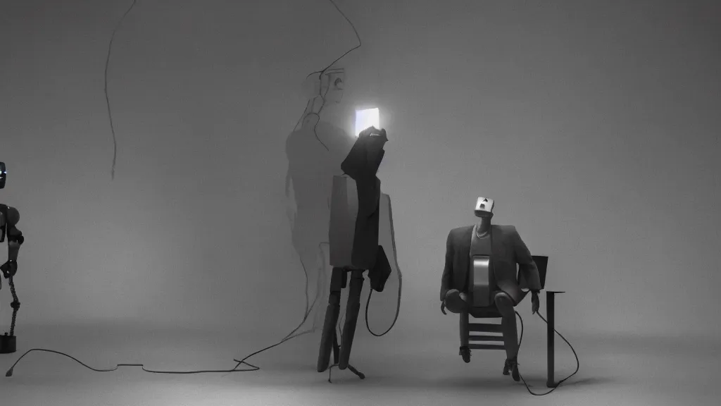 Image similar to movie scene of a man and a robot having a moment of jealousy, movie still, cinematic composition, cinematic light, by david lynch and alejandro jodoroswky