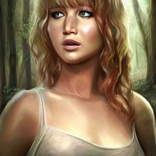 Image similar to a portrait of jennifer lawrence as a pokemon trainer, in a dark forest, extremely detailed digital art, trending on artstation hyper realistic matte painting, by wlop, art germ