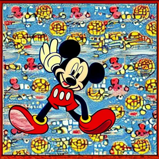 Image similar to trippy mickey mouse blotter art, acid tabs