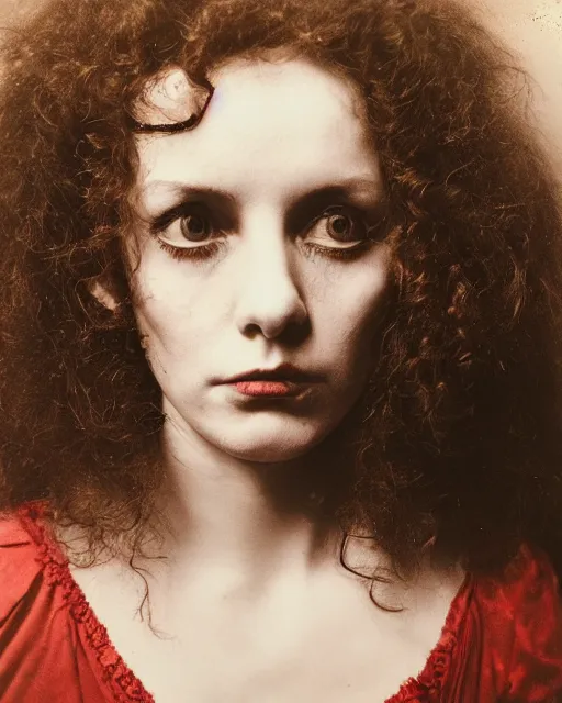 Image similar to an instant photo of a beautiful but sinister woman in layers of fear, with haunted eyes and curly hair, 1 9 7 0 s, seventies, delicate embellishments, a little blood, crimson, painterly, offset printing technique, mary jane ansell