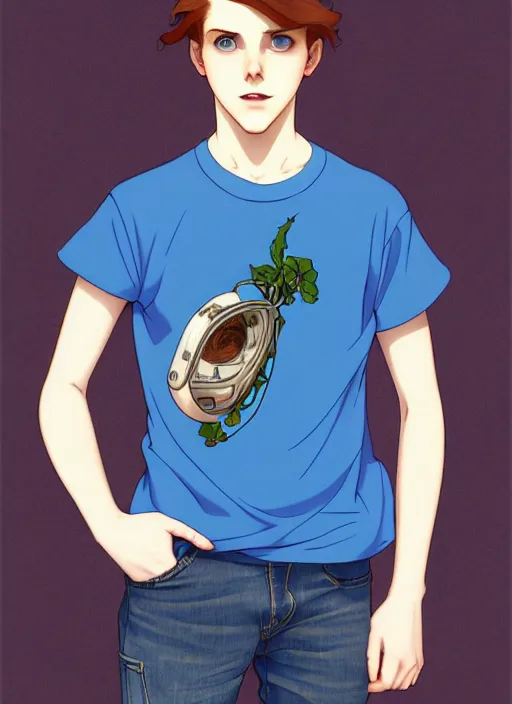 Image similar to art nouveau portrait of a teen boy with completely straight auburn hair, light blue eyes, pale skin, freckles, sad expression, t - shirt, modern casual clothing, natural lighting, path traced, highly detailed, high quality, cartoon, digital painting, by don bluth and ross tran and studio ghibli and alphonse mucha