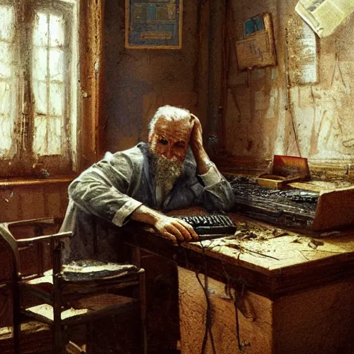 Prompt: a disheveled old disbarred lawyer boarded up in his messy rundown house, isolated alone on a typewriter feverishly typing out paranoid rants in the 1 9 8 0 s, detailed artstation marc simonetti ilya nazarov oil on canvas shimmer