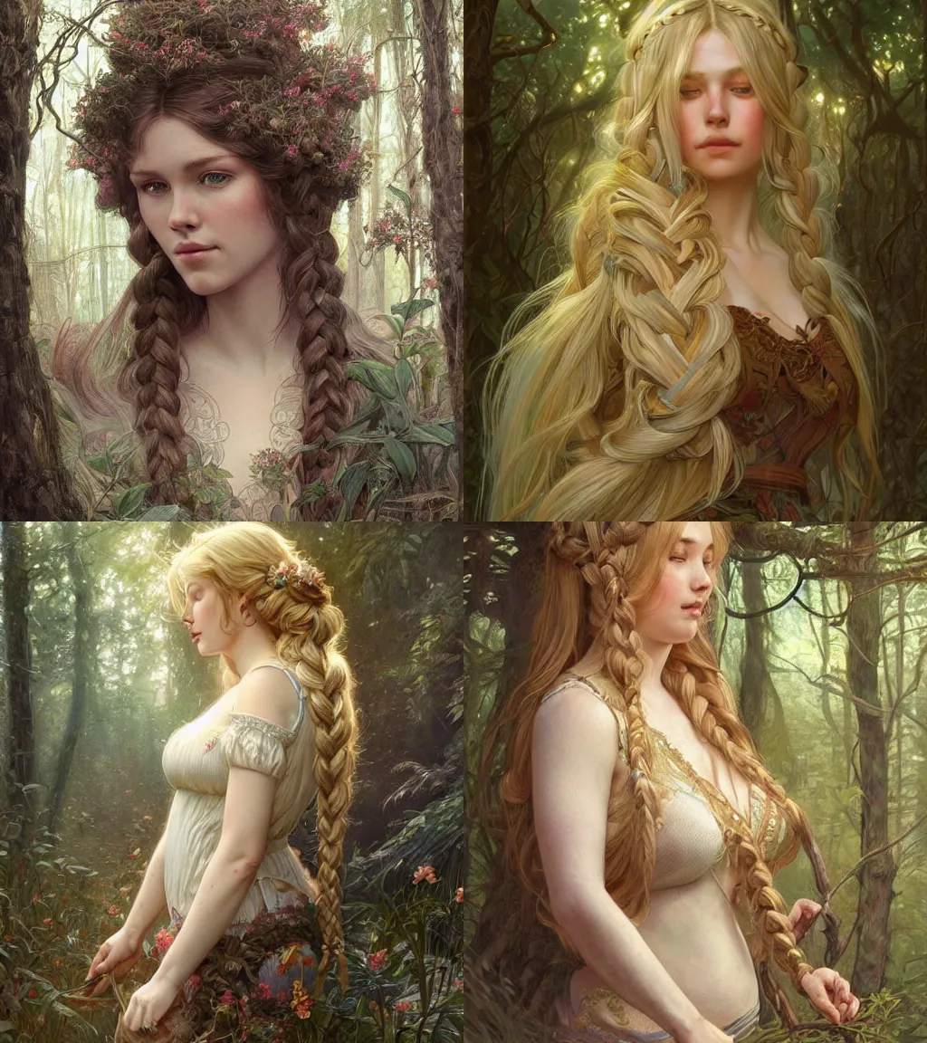 Prompt: beautiful cottagecore blonde plump woman, intricate, braided hair, magical forest, stunning, highly detailed, digital painting, artstation, concept art, smooth, sharp, focus, illustration, art by artgerm and greg rutkowski and alphonse mucha